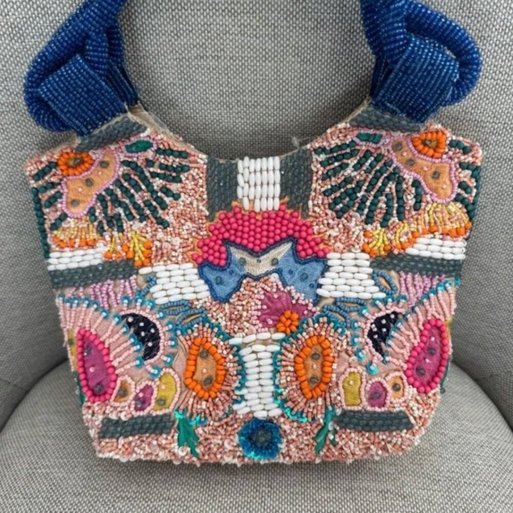 Handcrafted in India Beaded Bag Vibrant Colorful Flower Design Handbag NWT - Picture 3 of 5